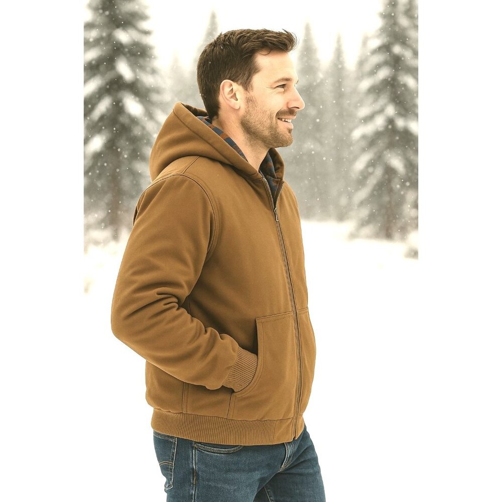 Woolrich XL Men Canvas Hooded Jacket Plaid Kangaroo Pocket Zipper Hoodie Coat